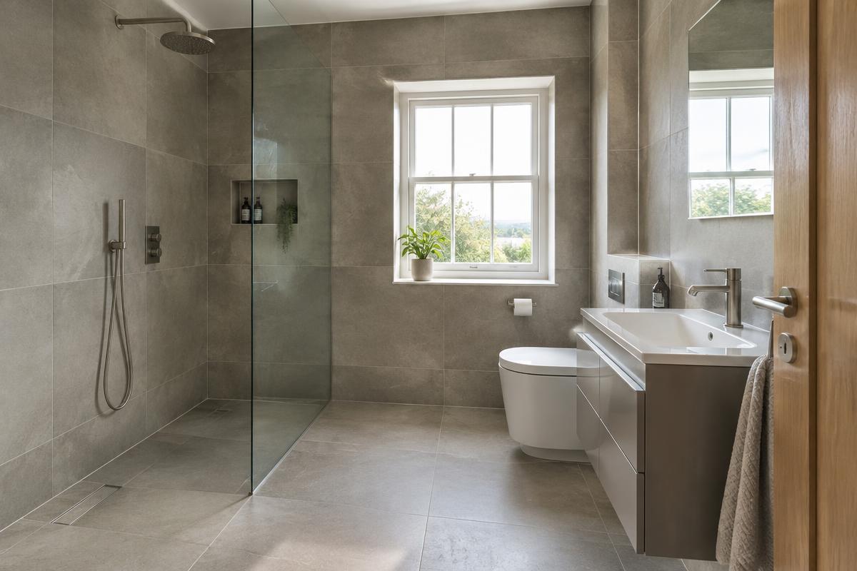 Large-format porcelain tiling in a modern bathroom