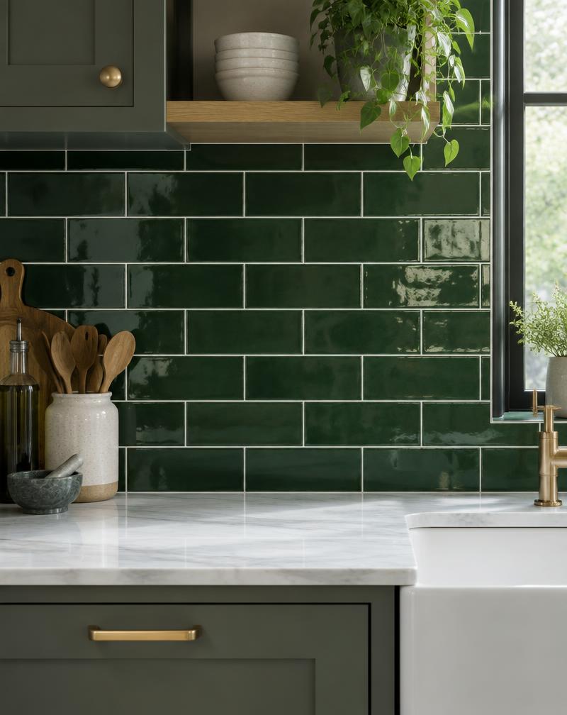 Deep green ceramic kitchen tiles with clean grout lines