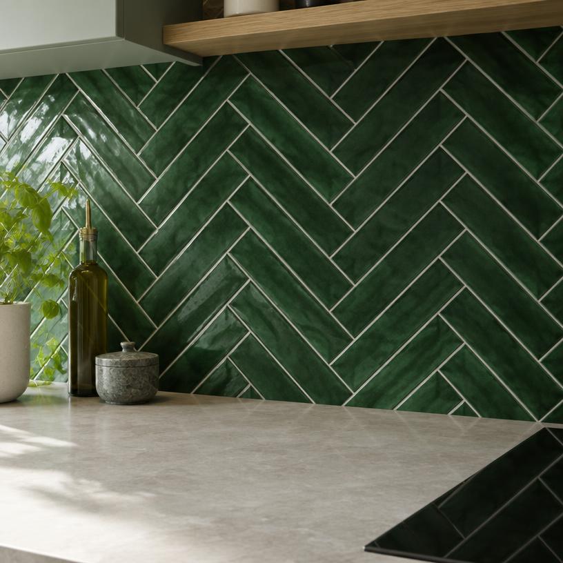 Green herringbone tile kitchen splashback
