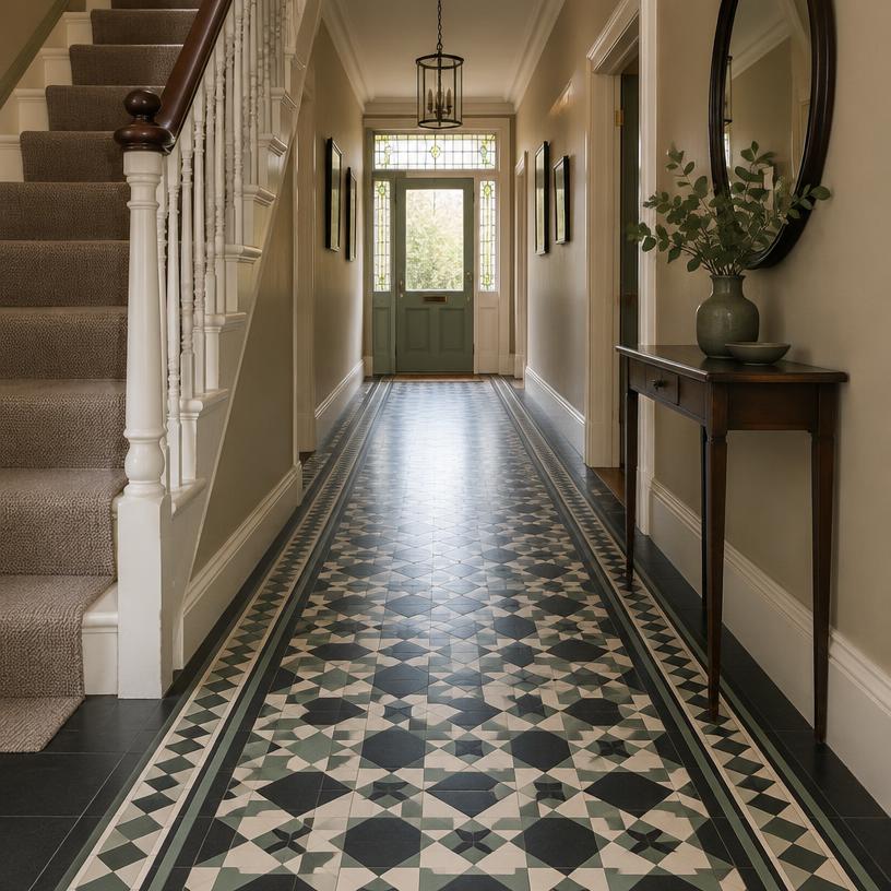 Geometric tiled floor in a period hallway